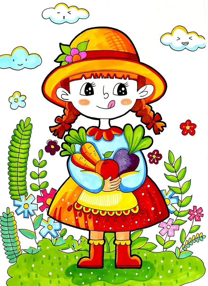 儿童画《抱果蔬的小女孩》绘画教程