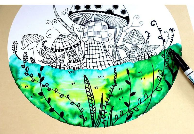 草丛里的蘑菇少儿绘画教程