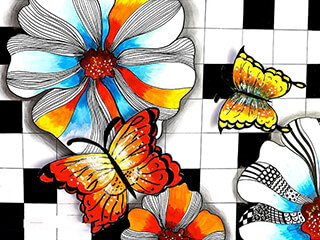 少儿美术线描绘画《花丛里的蝴蝶》