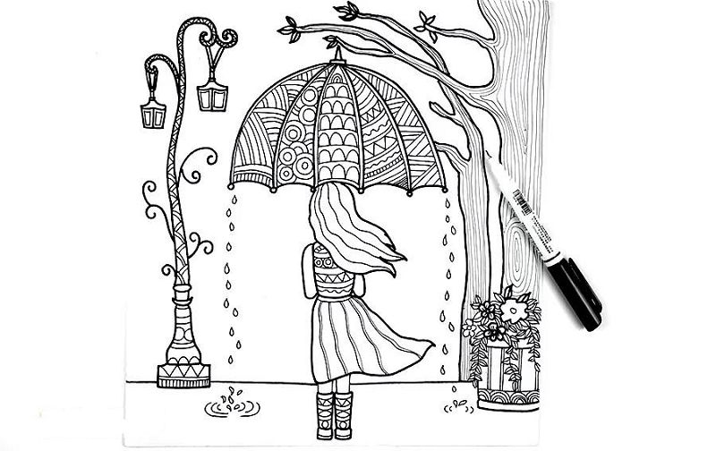 《下雨天》线描画创意美术课件