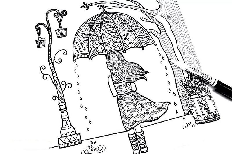 《下雨天》线描画创意美术课件