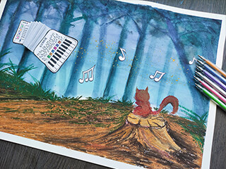 创意综合美术绘画《森林里的手风琴