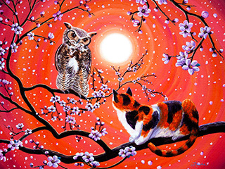 《满树繁花与猫咪看月》国外绘画作